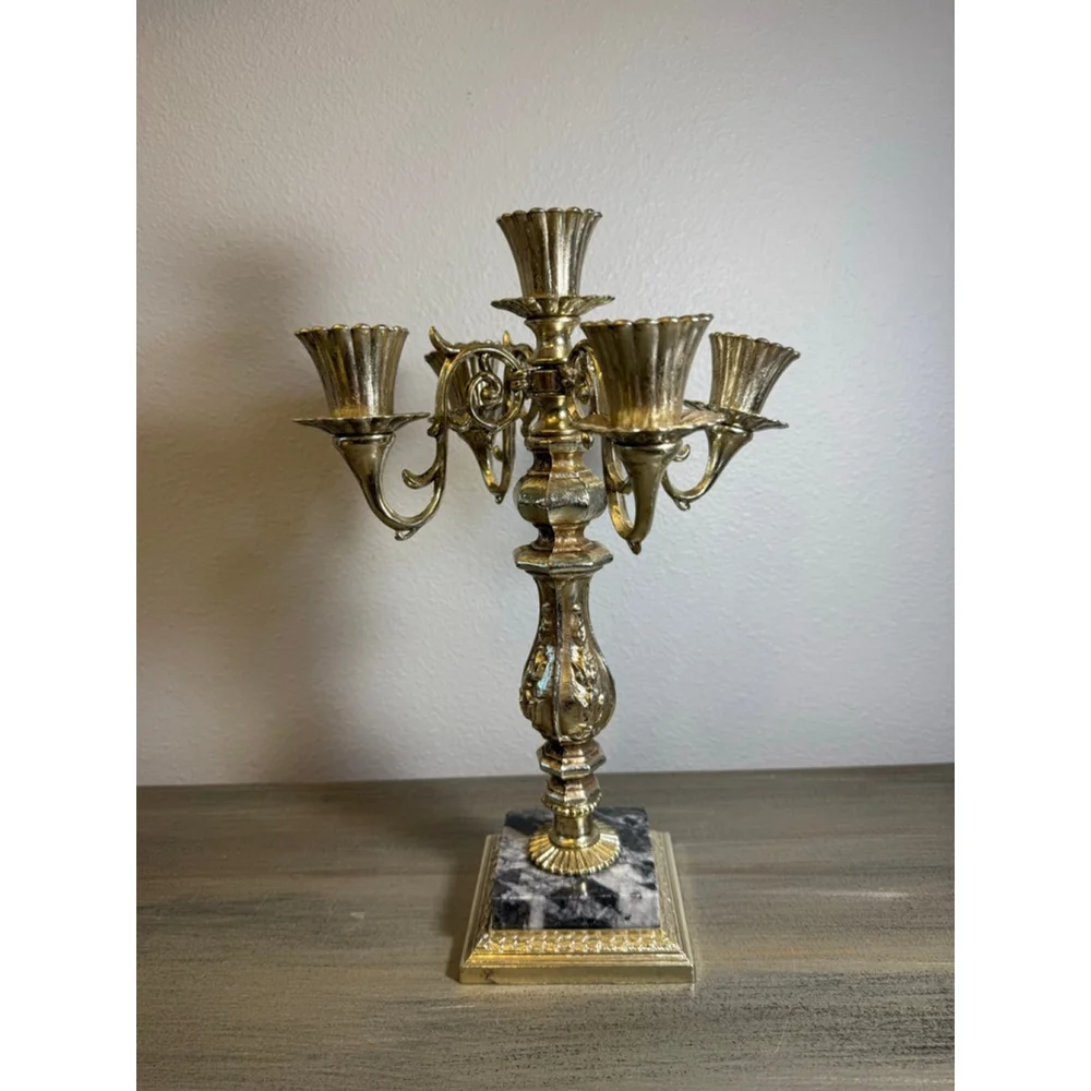 Vintage Dilly USA Metal Marble Candelabra Hollywood Regency 5 Candle Holder